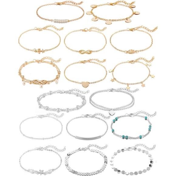 16Pcs Ankle Bracelets for Women Girls Gold Silver Two Style Chain Beach Anklet - Picture 1 of 7